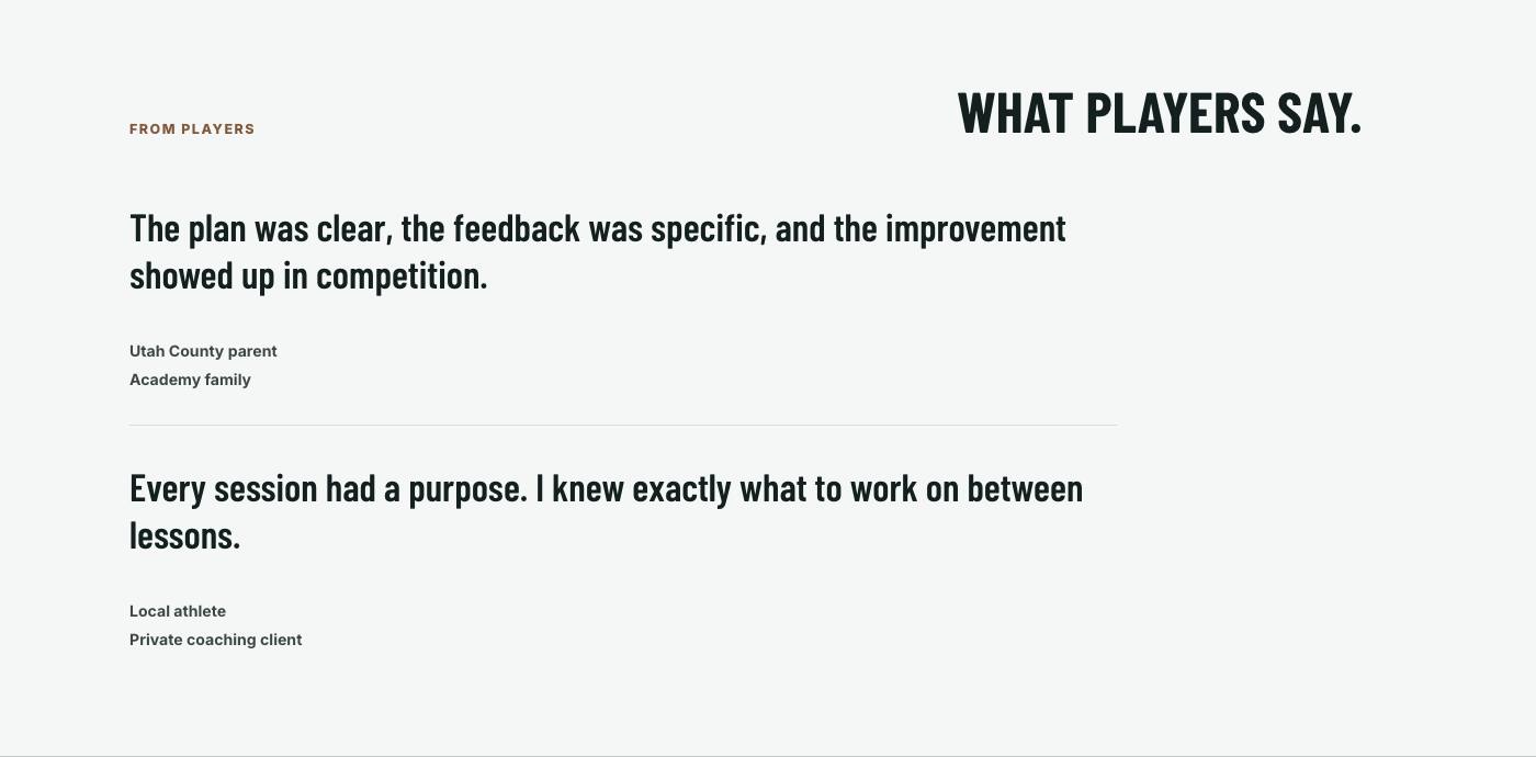 Real player testimonials section from Utah Valley Softball Lab