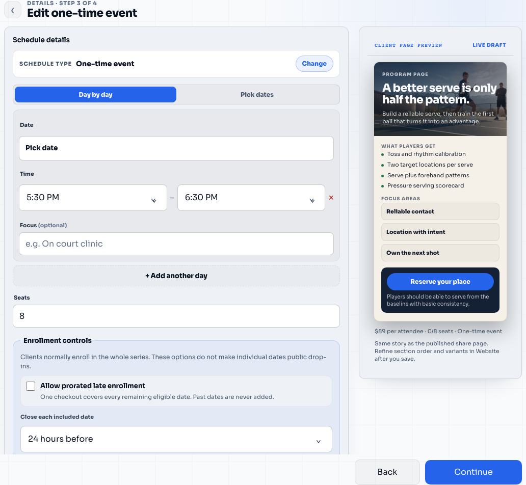 Schedule setup for Serve + First Ball Clinic in the Elite Coach Booking coach app