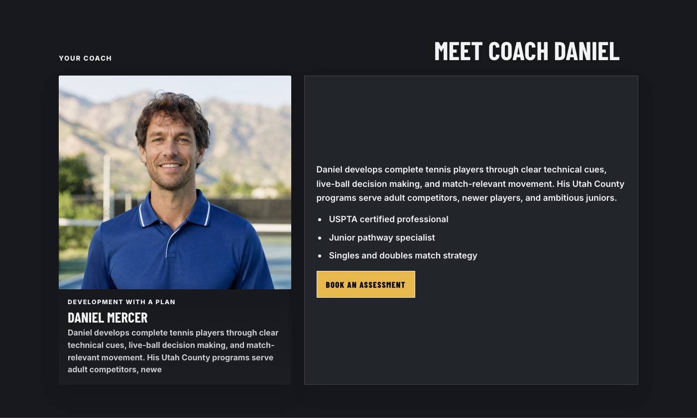 Real coach story section from Summit Tennis Academy