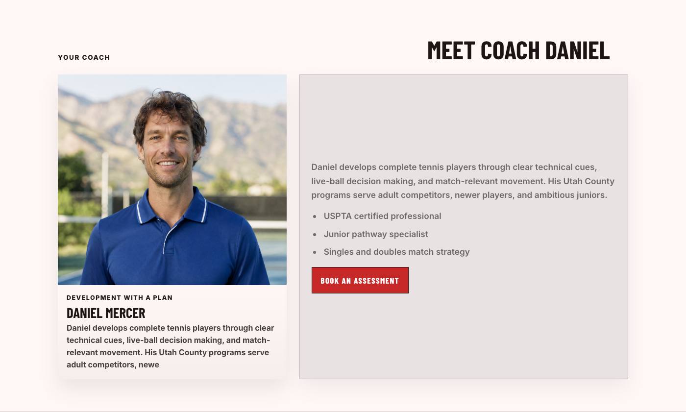 Real coach story section from Summit Tennis Academy