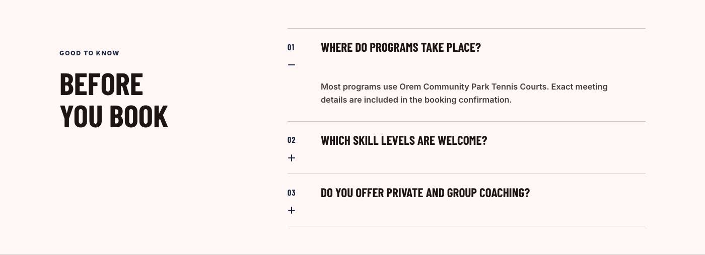 Real frequently asked questions section from Summit Tennis Academy
