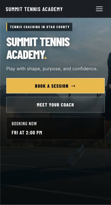 Mobile view of the Summit Tennis Academy homepage