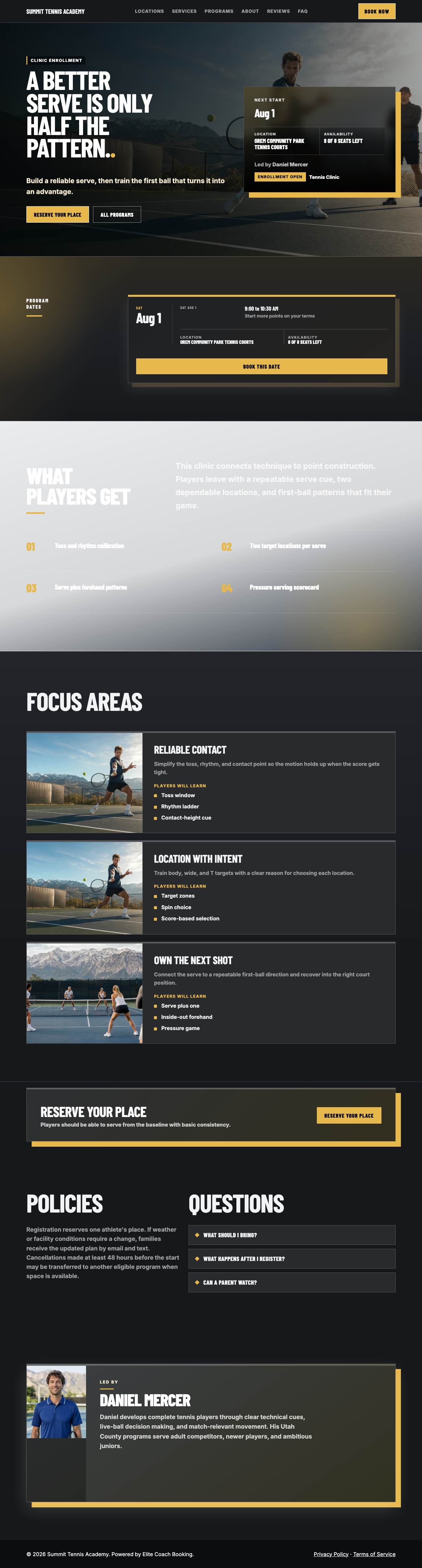 Editable tennis clinic landing-page copy and images from a program template
