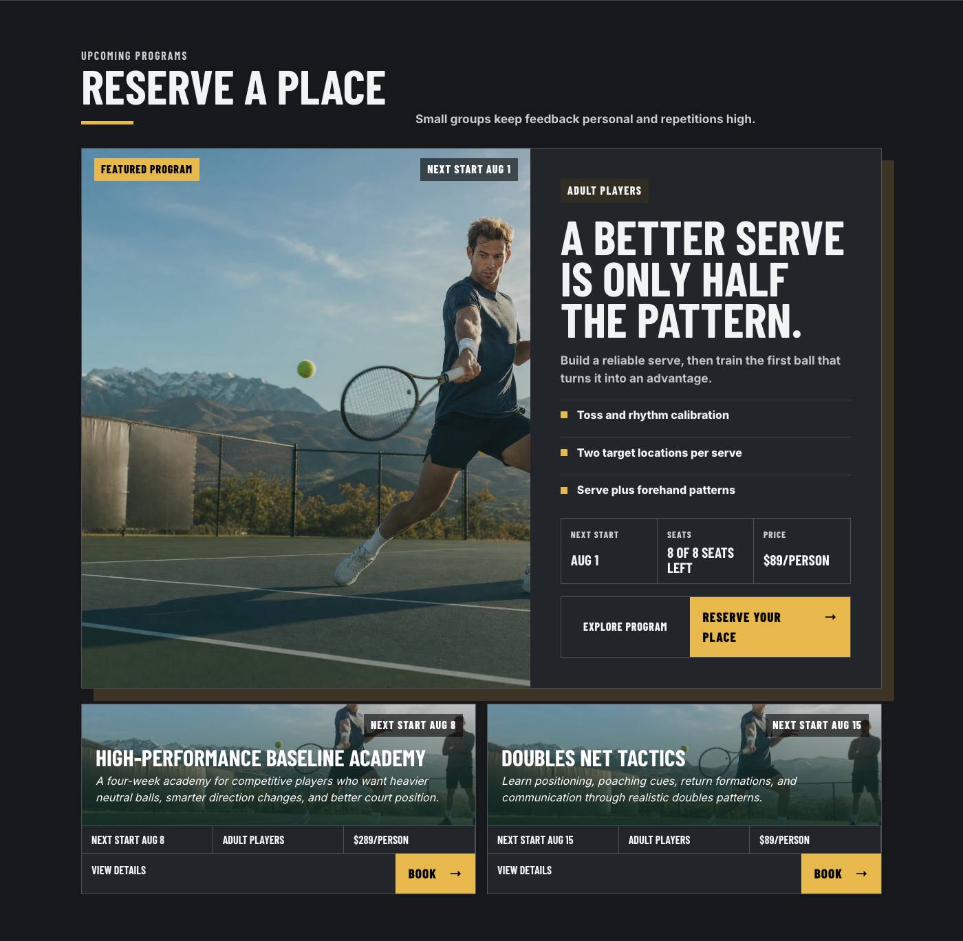 Real upcoming programs section from Summit Tennis Academy