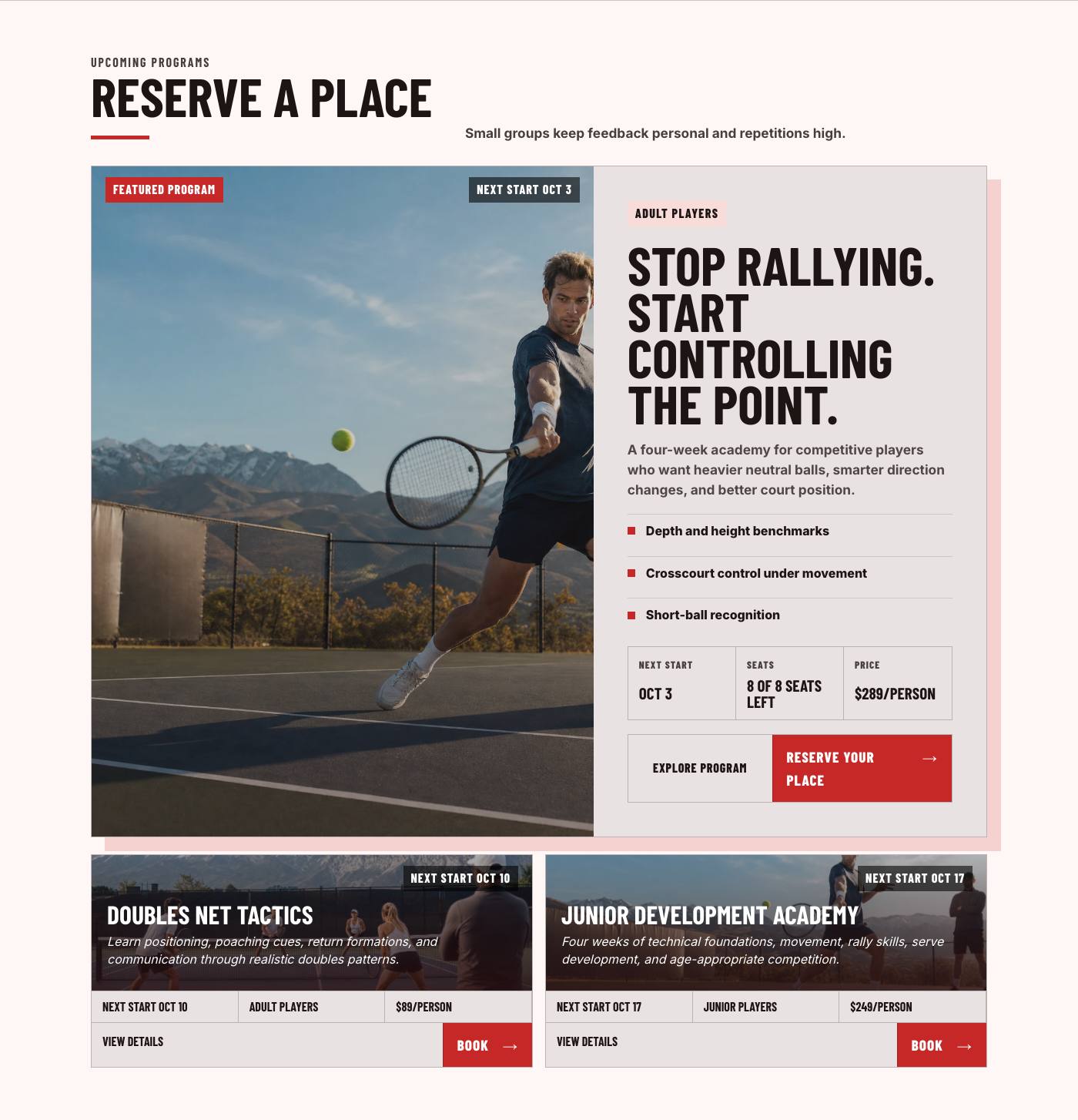 Real upcoming programs section from Summit Tennis Academy