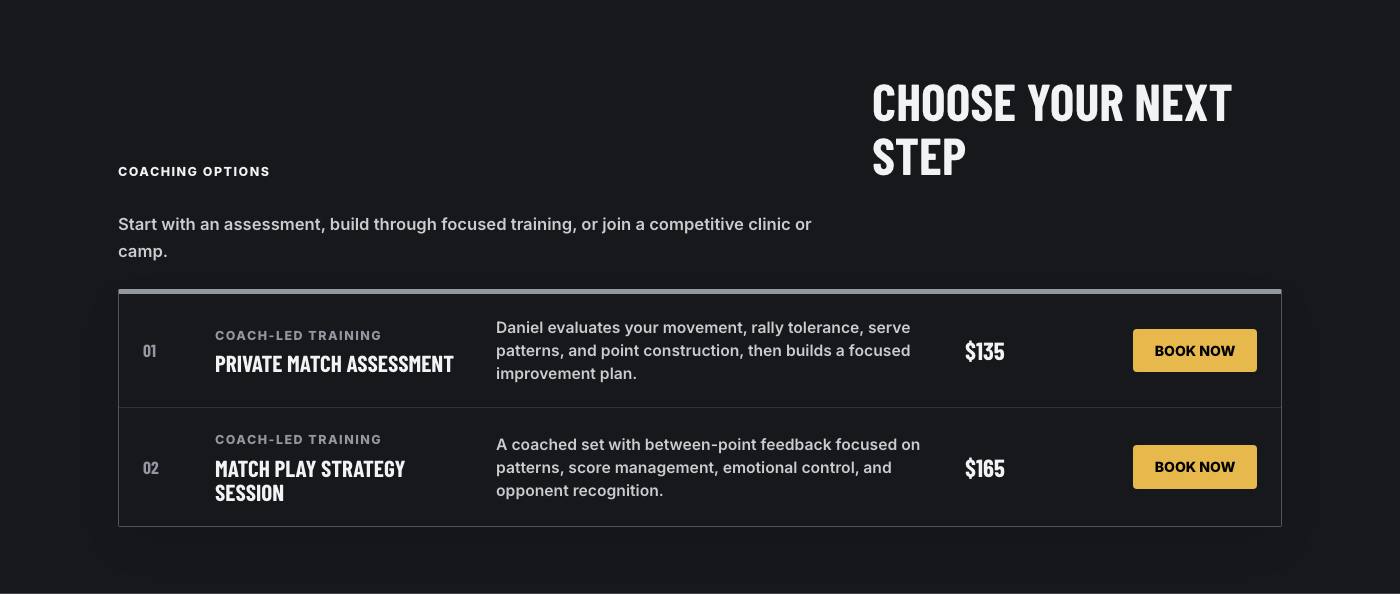 Real coaching options section from Summit Tennis Academy